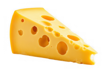 Delicious swiss cheese wedge with holes, dairy food, gourmet ingredient, yellow cheese slice, culinary delicacy, isolated on transparent background