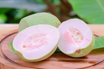 Freshly harvested guavas displayed on a wooden cutting board with vibrant pink flesh and seeds exposed