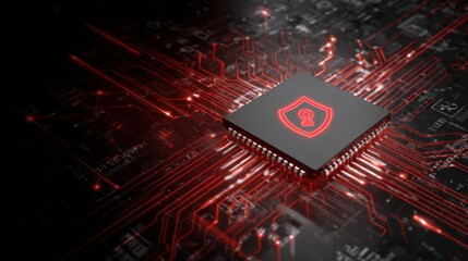 Cybersecurity Sentinel: A symbolic representation of data protection, with a digital integrated circuit featuring an illuminated lock icon at its core.