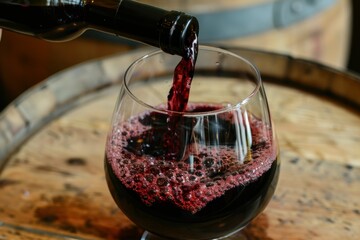 Pouring red wine into a glass with blurred bottles in the background at a cozy wine bar