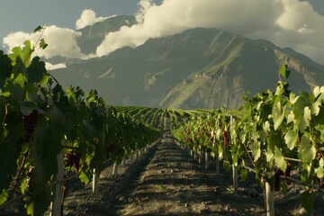 Beautiful vineyard landscape under cloudy mountain skies in the afternoon