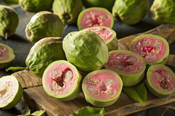 Freshly harvested guavas displayed on a wooden cutting board with vibrant pink flesh and seeds exposed