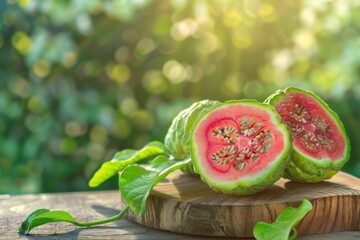 Freshly harvested guavas displayed on a wooden cutting board with vibrant pink flesh and seeds exposed