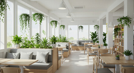 Fototapeta premium Airy Coffee Shop with Floor-to-Ceiling Windows and Greenery