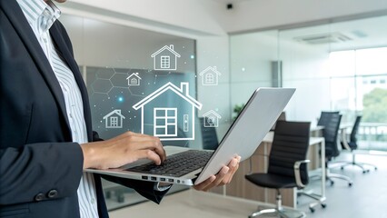 Real estate investment concept. Man touch virtual house icon for analyzing mortgage loan home and insurance real property mortgage. interest rate, Investment planning, business real estate.