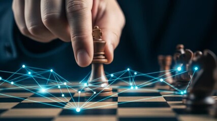 Chess Game Strategy: King Piece Move with Digital Network Overlay on Chessboard - Powered by Adobe