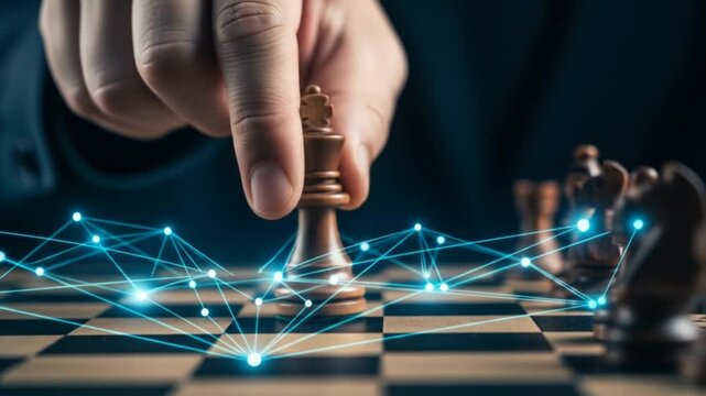 Chess Game Strategy: King Piece Move with Digital Network Overlay on Chessboard