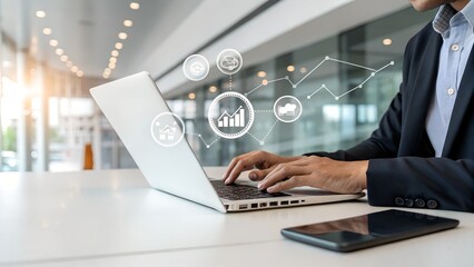 Real estate investment concept. Man touch virtual house icon for analyzing mortgage loan home and insurance real property mortgage. interest rate, Investment planning, business real estate.