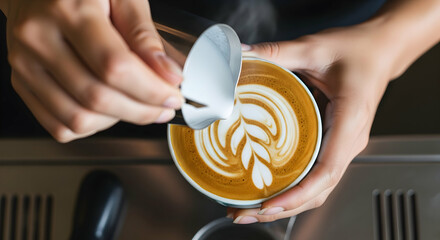 Latte art creation by barista