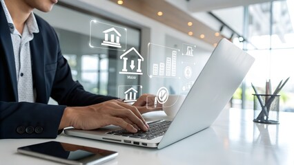 Real estate investment concept. Man touch virtual house icon for analyzing mortgage loan home and insurance real property mortgage. interest rate, Investment planning, business real estate.