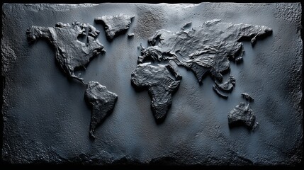 Detailed textured world map displayed on a dark surface