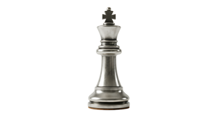 A metallic silvercolored chess king is displayed against a solid black background