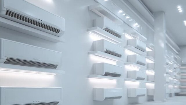Cool Elegance: A sleek, minimalist wall display showcasing rows of modern air conditioning units. The design emphasizes functionality and a clean aesthetic for climate control.