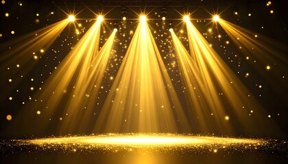 Glowing golden stage with bright spotlights high resolution photo