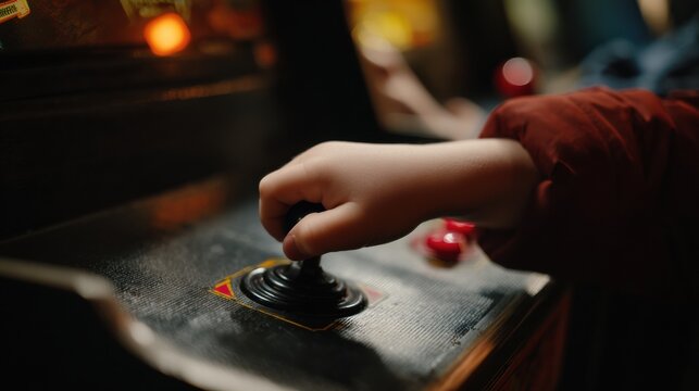 Close up shot of child hand gripping classic arcade joystick, showcasing excitement of gaming. vibrant colors and nostalgic design evoke sense of fun and adventure