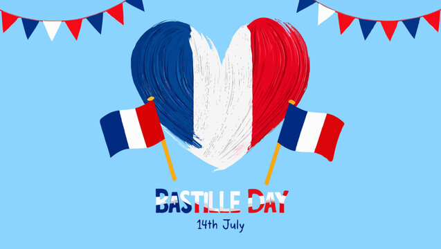 Vector art of bastille day illustration with french flag heart and pennants