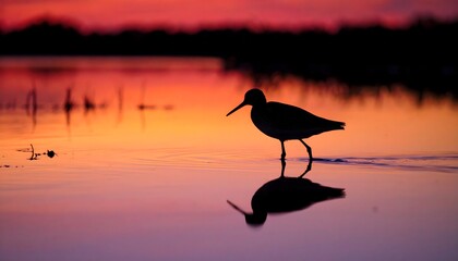Bird silhouette walking in sunset water high resolution photo