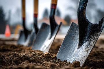 Groundbreaking Ceremony with Shovels in Dirt.