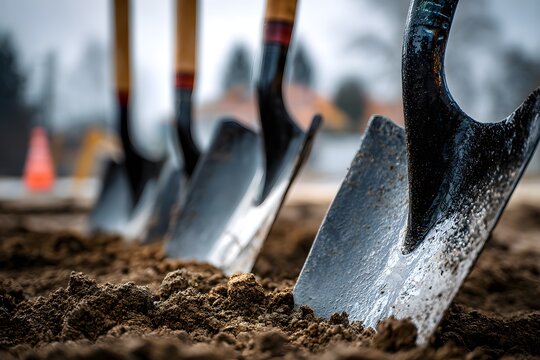 Groundbreaking Ceremony with Shovels in Dirt.