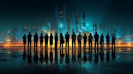 Diverse group of professionals silhouetted against a futuristic cityscape at night with glowing lights and reflections
