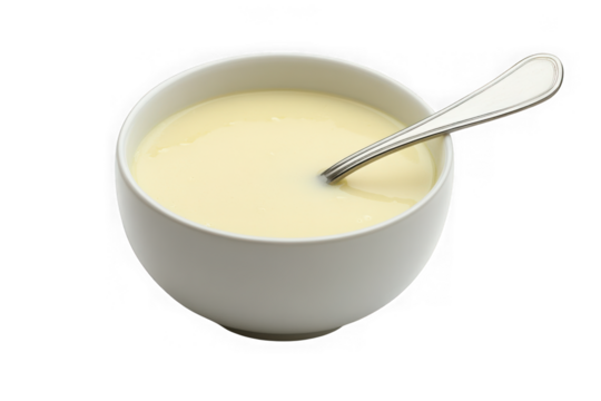 High-resolution cream soup in white bowl with spoon stock image, creamy soup, food photography, culinary delights, restaurant menu, isolated on transparent background