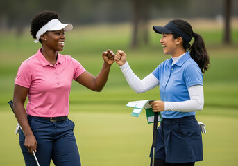 Two female golfers celebrating with fist bump on golf course