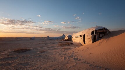 Deserted Plane Graveyard: An airplane graveyard in a remote desert, featuring the sunlit skeleton of a plane, a poignant visual representation of forgotten journeys and desolate landscapes.