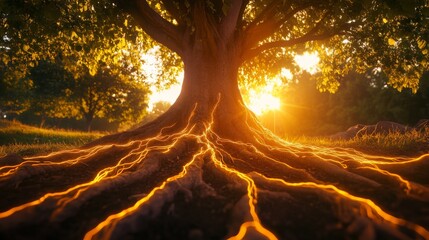 Ethereal Glowing Roots Spreading in Mystical Forest Light