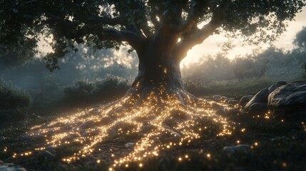 Ethereal Tree with Glowing Roots in Enchanted Forest