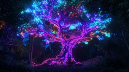 Glowing Neon Tree in a Digital Forest Background