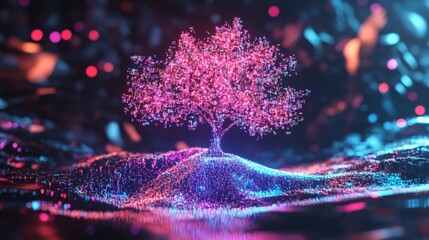 Glowing Neon Tree in a Digital Forest Scene