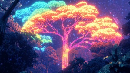 Digital Neon Forest Glowing with Colorful Leaves