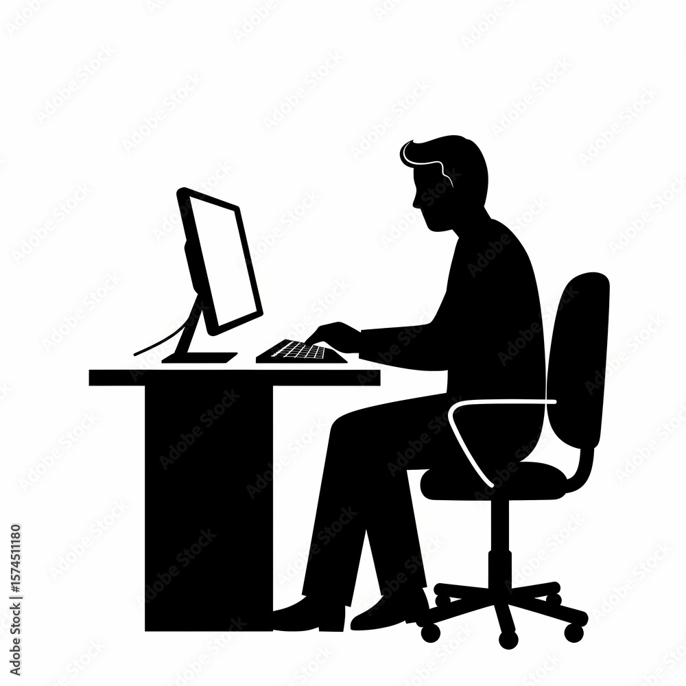 Fototapete man silhouette working at computer and typing on keyboard, business worker in office, web design pro