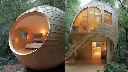 Serene Shell-Shaped Home in Forest Setting
