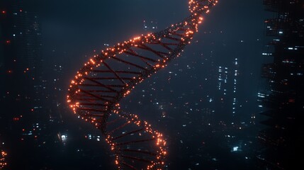 Futuristic DNA Helix in Illuminated Cityscape