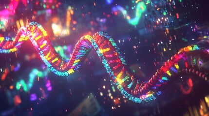Abstract DNA Helix in Futuristic Cityscape Background