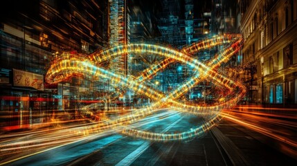 Futuristic Cityscape with DNA Helix Lighting Effects