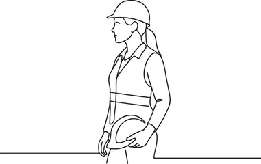 Female Construction Worker Carrying Hard Hat Line Drawing