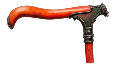 Ornate walking stick with reddish-orange handle and dark metal accents