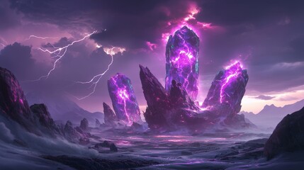Ethereal Crystals in Stormy Landscape