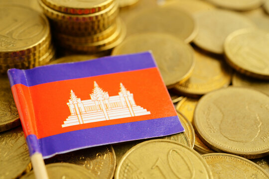 Cambodia flag on coins background, finance and accounting, banking concept.