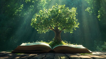 Tree Growing from Open Book in Mystical Forest