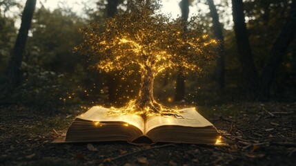 Mystical Tree Growing from an Open Book in Forest
