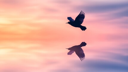 Vibrant Reflections of a Bird Flying Through a Surreal Sky