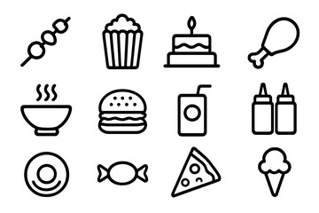 Minimalist food icons set with popular snack and dessert symbols