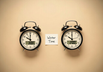Daylight saving time ends concept with vintage alarm clocks and winter time note