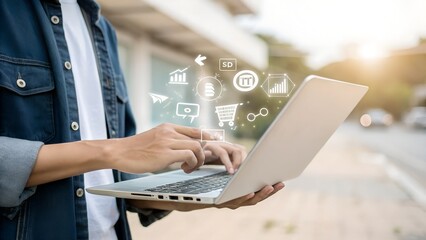 Digital marketing commerce online sale concept, Businessman use laptop with advertising on website. planning advertising marketing strategies to target social media native, ad, advertisers, sales.
