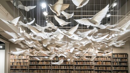 Whimsical Library with Flying Birds in Soft Lighting