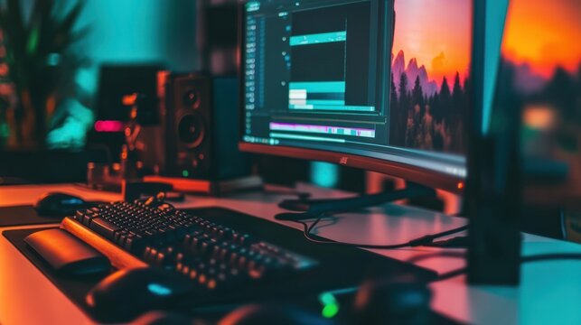 Night Video Editing Setup:  Curated Workstation with Dual Monitors Displaying Landscape and Editing Software