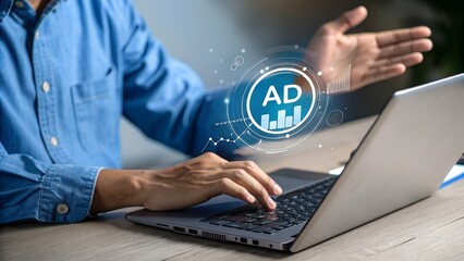 Digital marketing commerce online sale concept, Businessman use laptop with advertising on website. planning advertising marketing strategies to target social media native, ad, advertisers, sales.